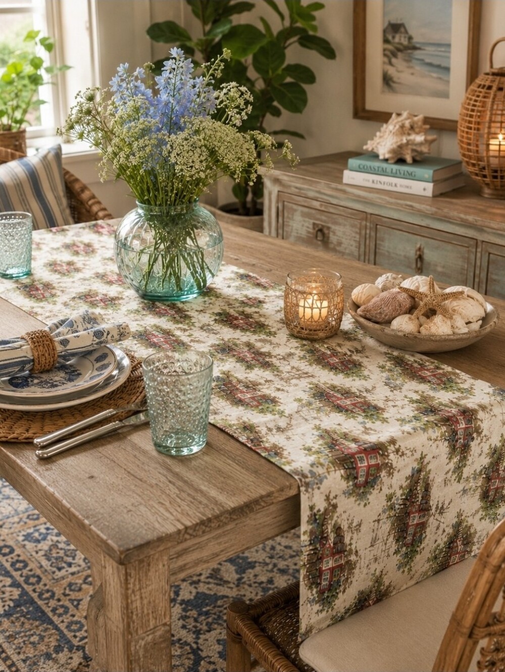 Vintage Coastal Farmhouse Valance Table Runner 87x19" Nautical Village Print